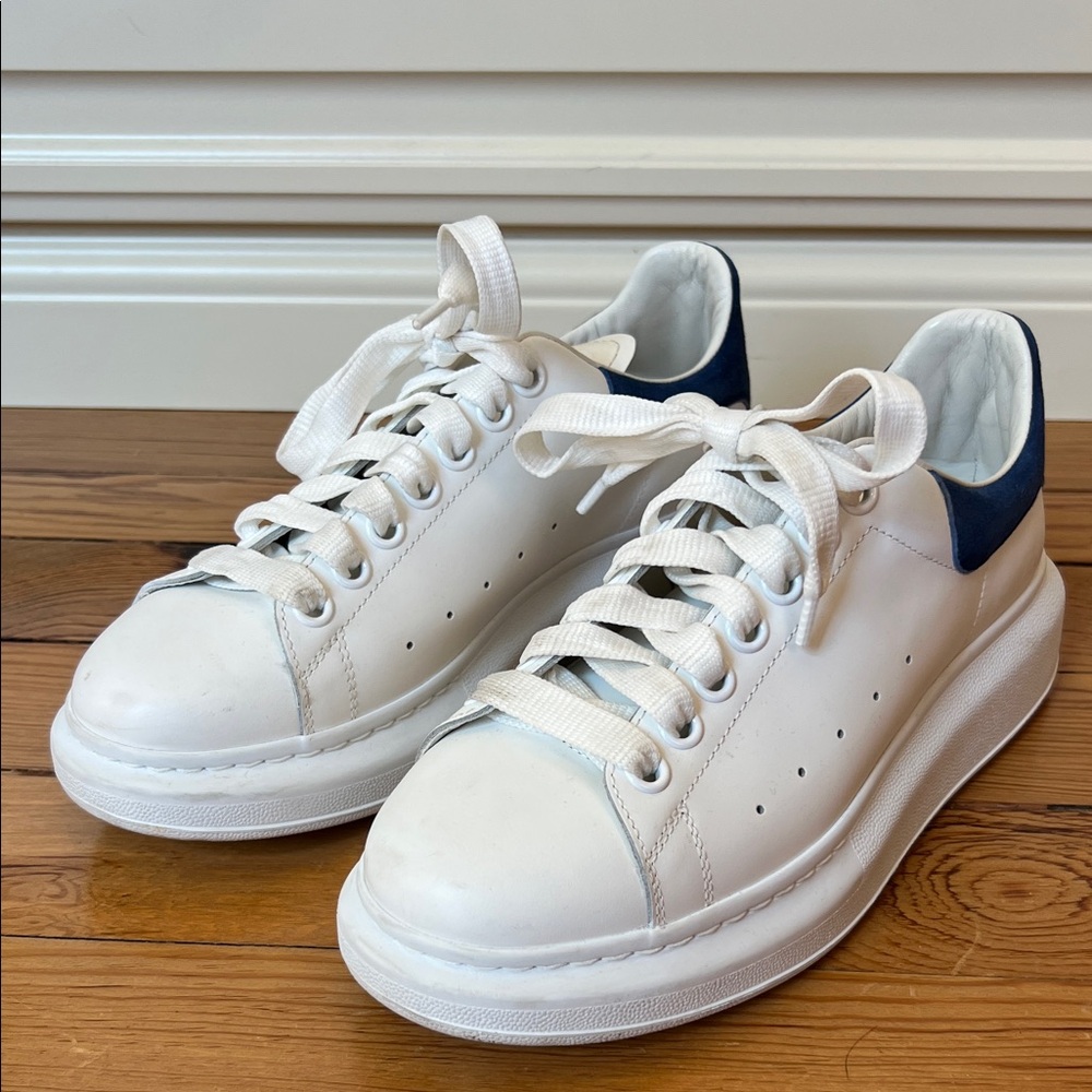 Alexander McQueen White Leather Sneakers with Navy Heel